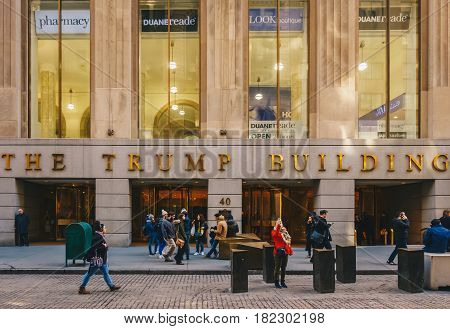 New York City USA - March 20 2017: The Trump Building on Wall Street. In 1995 President Donald Trump bought the building that is now known as 