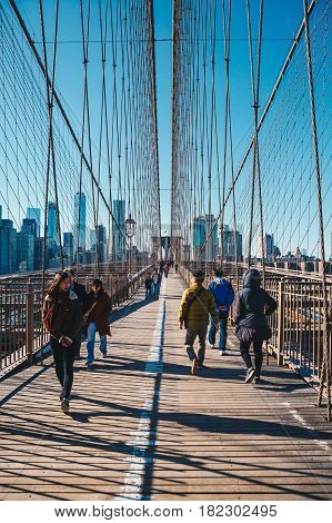 New York CityUSA - March 19 2017: View from the pedestrian walkway of the Brooklyn Bridge. The Brooklyn Bridge is connects the boroughs of Manhattan and Brooklyn and is one of the biggest suspension bridge in the world.
