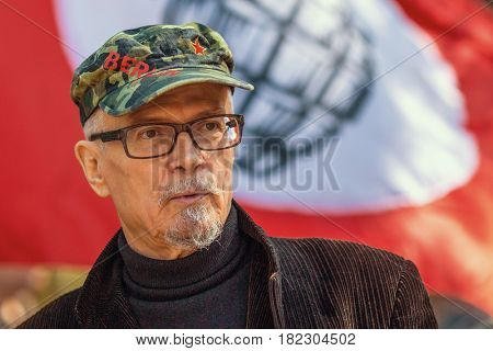 MOSCOW - MAY 1, 2016: Eduard Limonov - Russian writer, poet, essayist, politician, founder and former leader of the banned National Bolshevik Party, in rally marking the May Day.