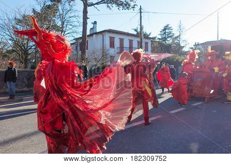 OPICINATRIESTE ITALY - FEBRUARY 25: Unidentified participants in parade of the Carnival. Kraski Pust o Carnevale Carsico. The Carnival Carsico Kraski on February 25 2017