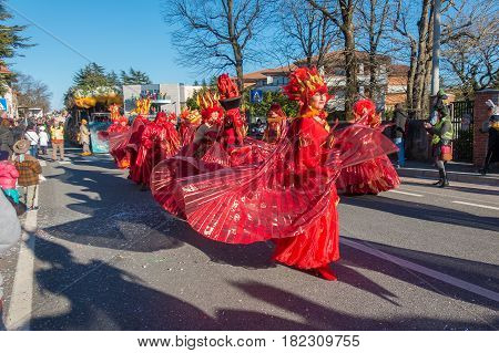 OPICINATRIESTE ITALY - FEBRUARY 25: Unidentified participants in parade of the Carnival. Kraski Pust o Carnevale Carsico. The Carnival Carsico Kraski on February 25 2017