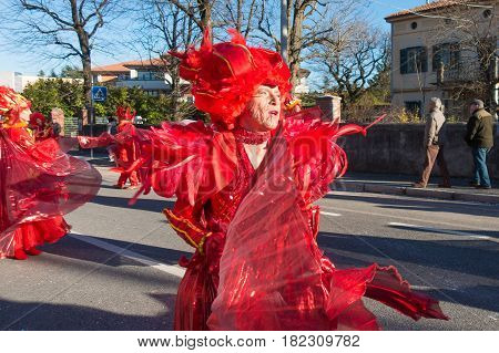 OPICINATRIESTE ITALY - FEBRUARY 25: Unidentified participants in parade of the Carnival. Kraski Pust o Carnevale Carsico. The Carnival Carsico Kraski on February 25 2017