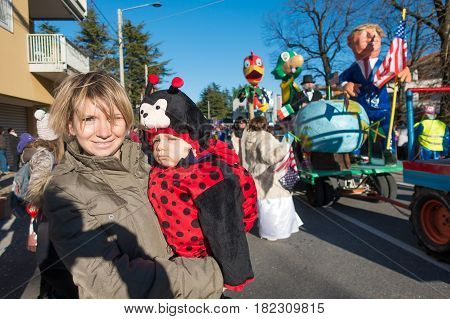 OPICINATRIESTE ITALY - FEBRUARY 25: Unidentified participants in parade of the Carnival. Kraski Pust o Carnevale Carsico. The Carnival Carsico Kraski on February 25 2017