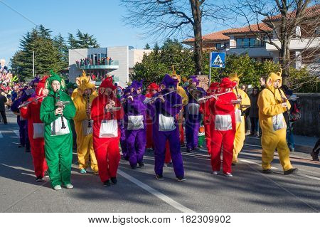 OPICINATRIESTE ITALY - FEBRUARY 25: Unidentified participants in parade of the Carnival. Kraski Pust o Carnevale Carsico. The Carnival Carsico Kraski on February 25 2017