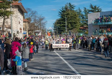OPICINATRIESTE ITALY - FEBRUARY 25: Unidentified participants in parade of the Carnival. Kraski Pust o Carnevale Carsico. The Carnival Carsico Kraski on February 25 2017