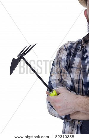 Garden tools in the hand on a white