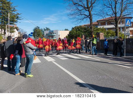 OPICINATRIESTE ITALY - FEBRUARY 25: Unidentified participants in parade of the Carnival. Kraski Pust o Carnevale Carsico. The Carnival Carsico Kraski on February 25 2017