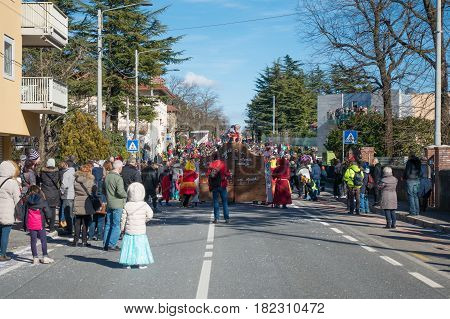 OPICINATRIESTE ITALY - FEBRUARY 25: Unidentified participants in parade of the Carnival. Kraski Pust o Carnevale Carsico. The Carnival Carsico Kraski on February 25 2017