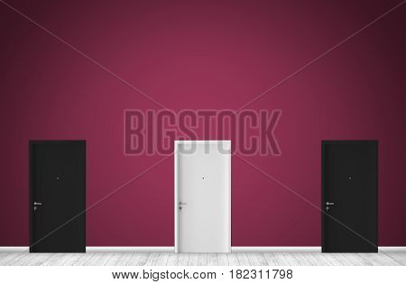 Three Door Room With Black And White Color, One Single White Door Difference From Two Black Door Way