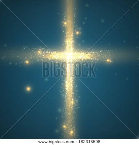 Shining cross on blue background with backlight and glowing yellow particles. Abstract vector religious background. Glowing saint cross. Spiritual shining background. EPS 10