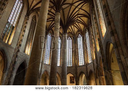TOULOUSE, FRANCE - JUNE 26, 2015: Interior of the Church of the Jacobins in Toulouse, France. Southern Gothic architecture.