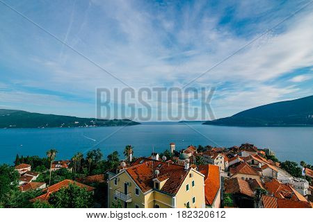 Panoramic sea view from the old town in Herceg Novi in Montenegro.