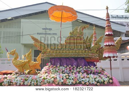 Samut PrakanThailand-APRIL 132017: Songkran Festival in the Thai-Mon style featuring a magnificent parade and see a procession of swan and centipede flags.