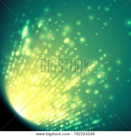 Abstract vector mesh background. Shinig comet with glowing poit tail on the green background. Futuristic style card. Elegant background for business presentations. Eps 10.
