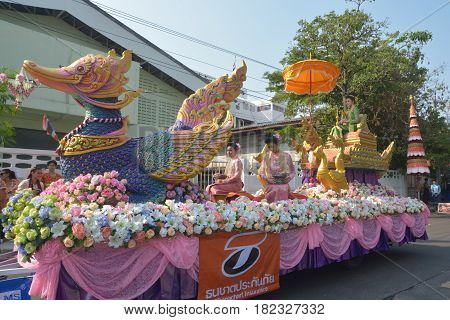 Samut PrakanThailand-APRIL 132017: Songkran Festival in the Thai-Mon style featuring a magnificent parade and see a procession of swan and centipede flags.