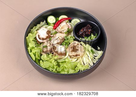 Boiled Fresh Bamboo Mushroom And Vegetable With Roasted Chili Dip.