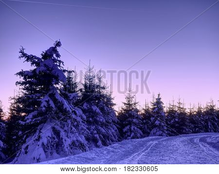 Road in under fresh snow. Cross country trails in mountains. Evening in winter mountains. Minute before sunset. Chill evening.