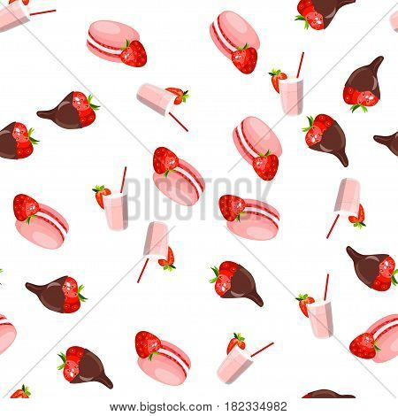 Very high quality original trendy vector seamless pattern with a strawberry in chocolate and macaroons