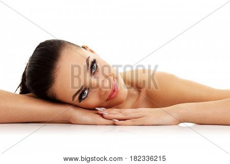Picture of woman face portrait isolated on white with healthy skin
