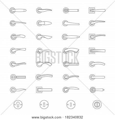 Set of simple vector icons as design elements - metal door handles and door locks. Doorknob and handles of the door different forms. Isolated on a white background. Vector illustration.