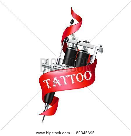 Realistic tattoo machine with red ribbon on white background vector illustration