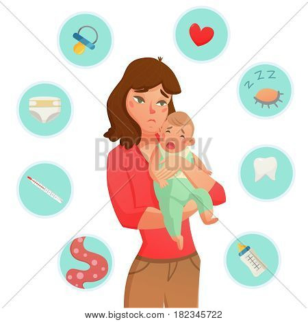 Colored crying baby reasons composition with round icon set that list the why he is crying vector illustration