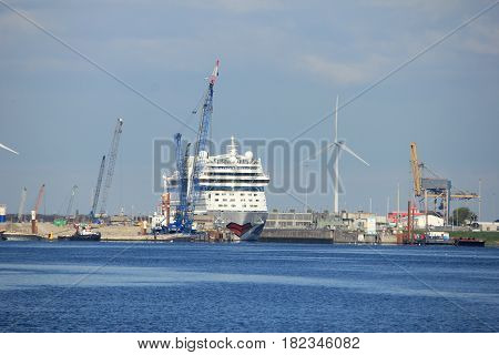 Velsen the Netherlands -April 19th 2017: Aida Sol in IJmuiden sea lock the largest sea lock in the world