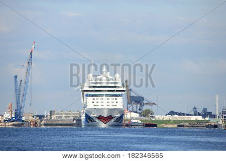 Velsen the Netherlands -April 19th 2017: Aida Sol in IJmuiden sea lock the largest sea lock in the world
