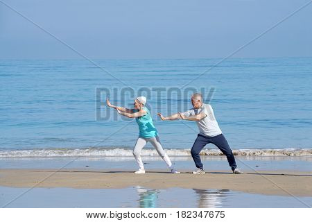 Senior couple doing stretching exercices on the beach