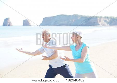 Senior couple doing stretching exercices on the beach