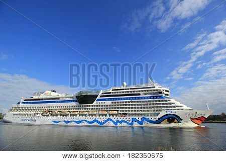 Velsen the Netherlands -April 19th 2017: Aida Sol on North Sea Canal on it's way to the Amsterdam Cruise Terminal