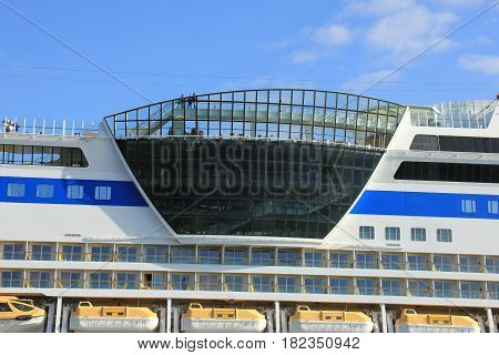 Velsen the Netherlands -April 19th 2017: Aida Sol on North Sea Canal on it's way to the Amsterdam Cruise Terminal detail