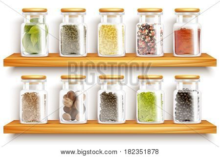 Colored and realistic glasses jars with herbs spices set composition on wooden shelves vector Illustration