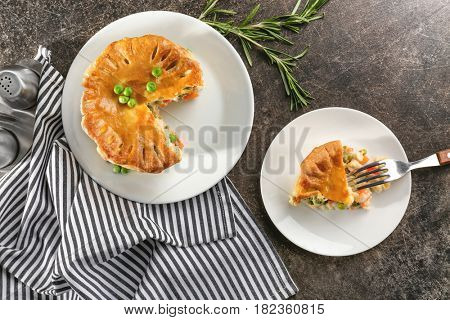 Delicious chicken pot pie on kitchen table