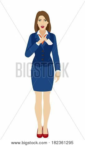 Businesswoman puts the business-card in his pocket. Full length portrait of businesswoman character in a flat style. Vector illustration.