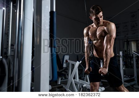 A young muscular man with a naked torso trains a triceps on a exercise machine in the gym