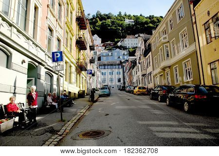 Bergen Norway - July 20 2014: Rikard Nordraak street way to Floyen. Floyen is one of the city mountains in Bergen and one of the city's most popular tourist attractions.