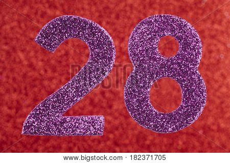 Number twenty-eight purple color over a red background. Anniversary. Horizontal