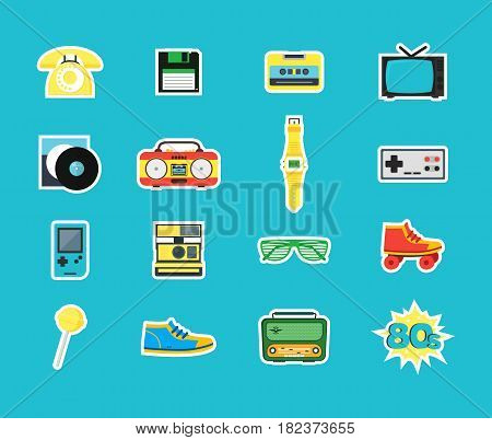 Cartoon Eighties Style Symbol Color Icons Set Retro Concept of Audio Tape, Phone and Shoe Accessory Hipsters. Vector illustration