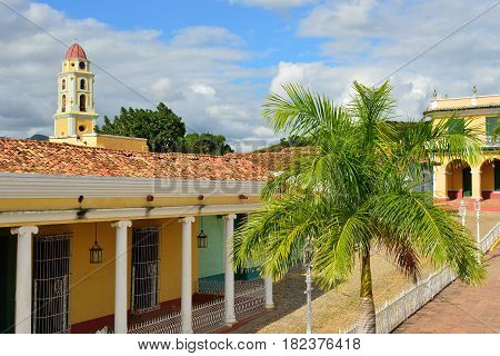 Tower of the San Francisco de Asis Church being by the main square in Trinidad the most tourist city on Cuba