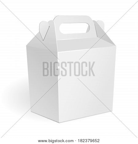 White Cardboard Carry Box Packaging For Food, Gift Or Other Products. On White Background Isolated. Mock Up, Mockup Template Ready For Your Design. Vector EPS10