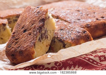Homemade semolina cake with raisins in rustic style