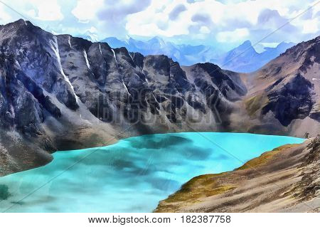 Colorful painting of Ala Kul mountain lake Kyrgyzstan