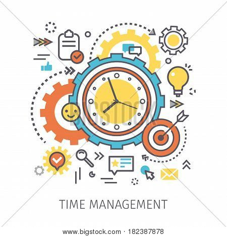 Concept of time management. Clock with gears and icons in the style of line art. Flat design, line art vector illustration