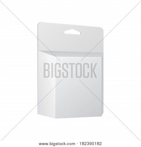 White Product Package Box With Hang Slot. Blank On White Background Isolated. Mock Up Template Ready For Your Design. Product Packing Vector EPS10
