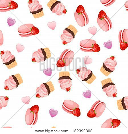 Very high quality original trendy vector seamless pattern with a strawberry chocolate pancake and macaroons