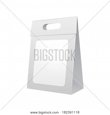 Paper Bag Package Folded With Label, Close, Grayscale With Handle. Isolated Mock Up Template Ready For Your Design. Product Packing Vector EPS10