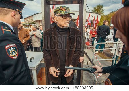 MOSCOW - MAY 1, 2016: Eduard Limonov - Russian writer, poet, essayist, politician, founder and former leader of the banned National Bolshevik Party, in rally marking the May Day.