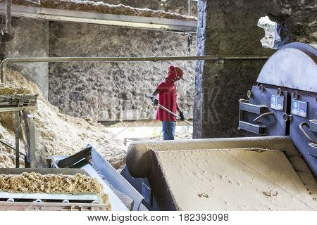 Distillery of rum. Full process sugar cane crusing