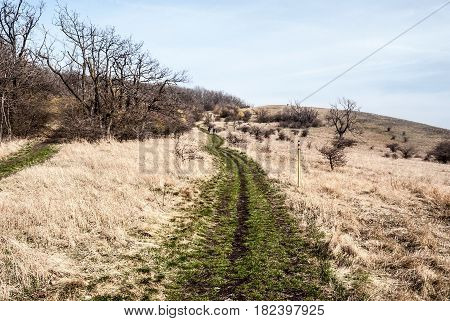 early spring Palava mountains bellow Devin hill with meadows isolated trees red marked hiking trail and blue sky in South Moravia